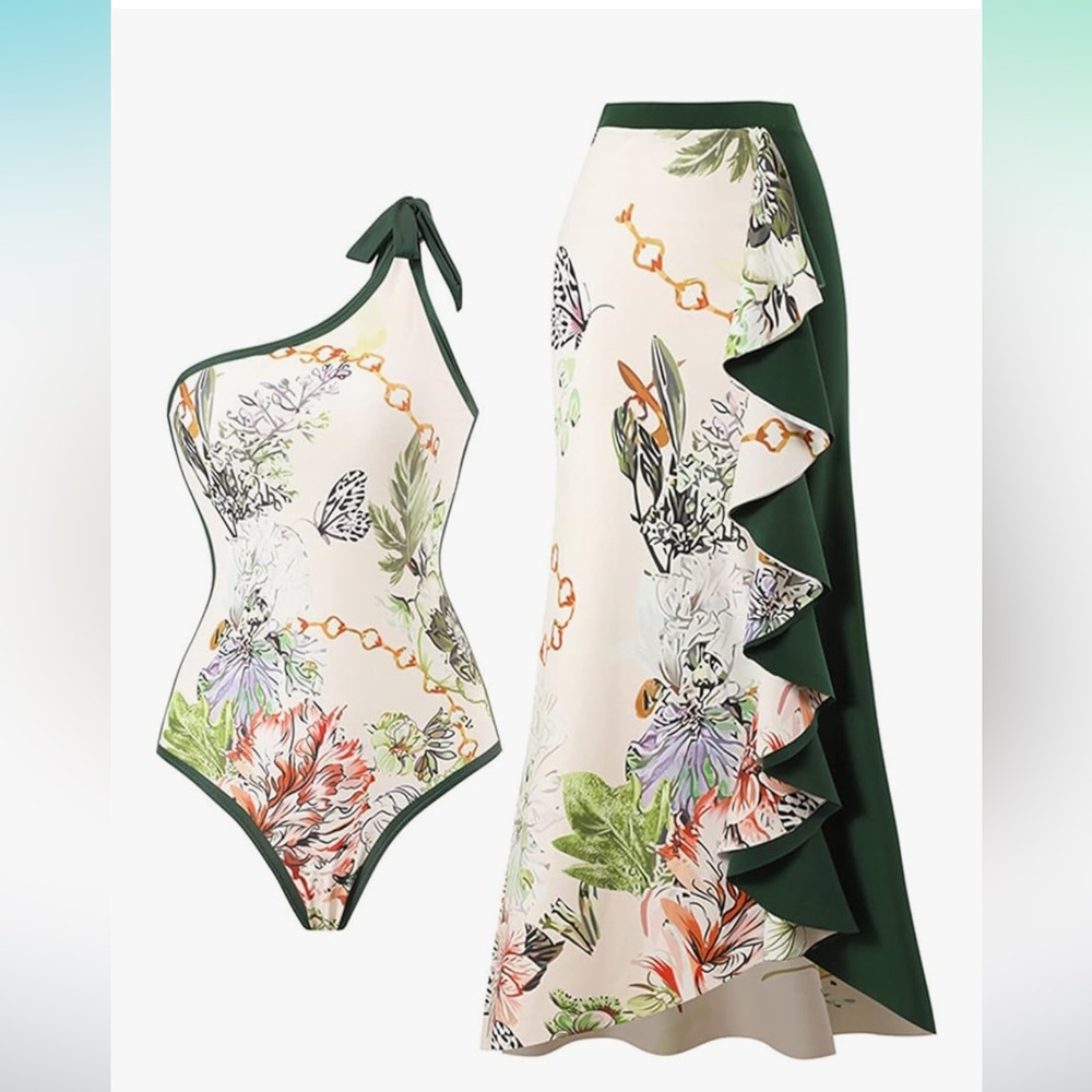 Chic Green and Pink One Piece Swimwear - Picture 3 of 4